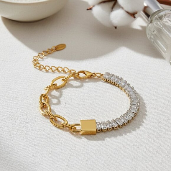 ποΈ 18K Gold Plated Bracelet With Sparkling Zirconia Baguettes & Padlock Design - Picture 14 of 14